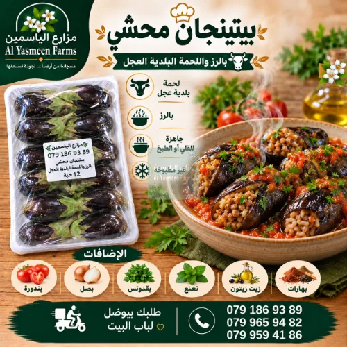 بيتينجان محشي رز وخضار ولحمة بلدية عجل جاهزة للطبخ